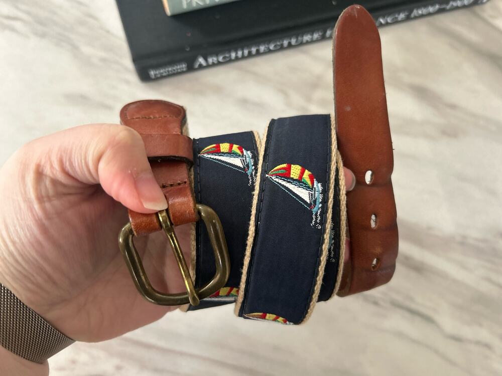 Leather Man Ltd Navy Made in Connecticut Sailboat & Brown Leather Belt (42)
